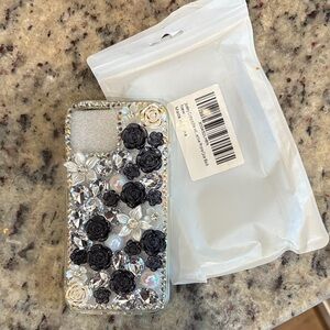 Floral Rhinestone iPhone 15 Case - Black and Silver flowers